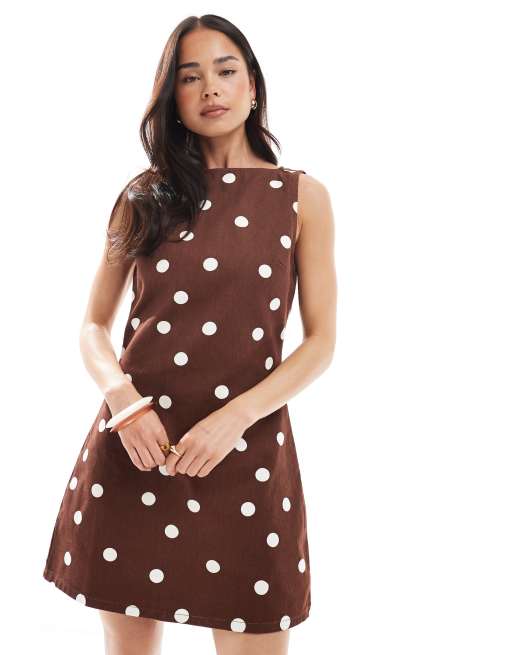 ASOS DESIGN denim mini shift dress in brown polka dot print