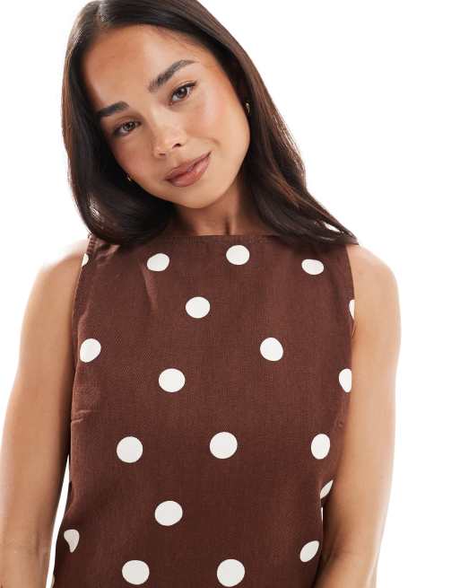 ASOS DESIGN denim mini shift dress in brown polka dot print