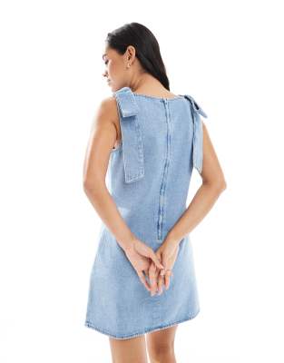 Asos Design Denim Mini Shift Dress With Bow Shoulders In Blue