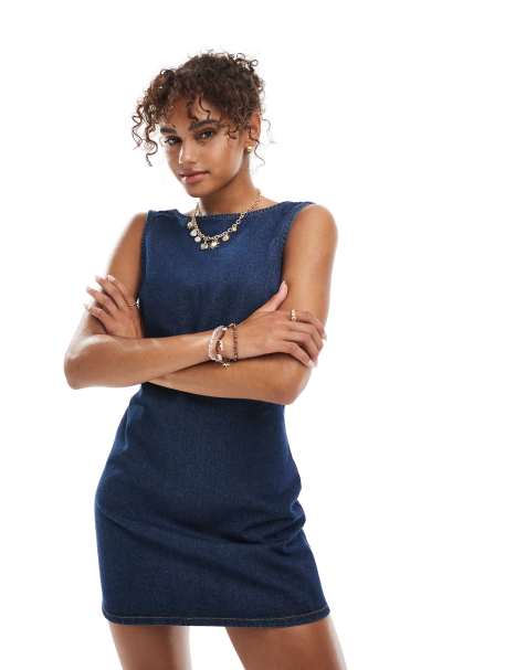 ASOS DESIGN denim mini shift dress with open scoop back in indigo - view 1