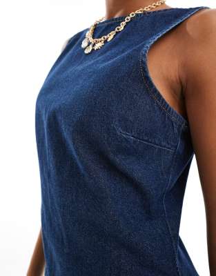 Asos Design Denim Mini Shift Dress With Open Scoop Back In Blue