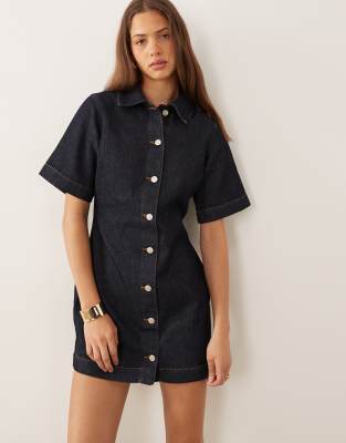 Asos Design Denim Mini Shirt Dress In Blue
