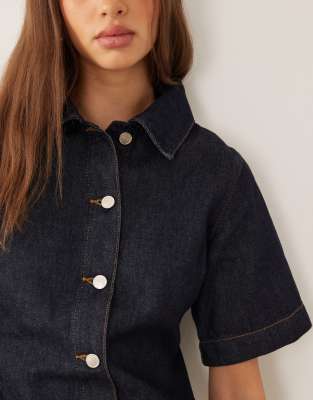 Asos Design Denim Mini Shirt Dress In Blue