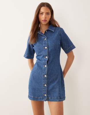 Asos Design Denim Mini Shirt Dress In Blue