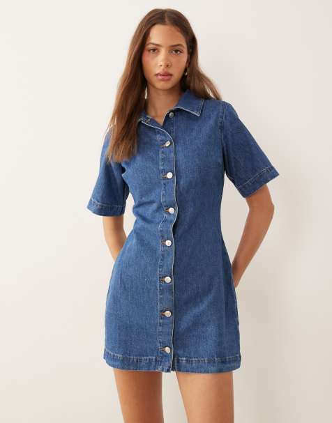 ASOS DESIGN denim mini shirt dress in mid blue - view 1