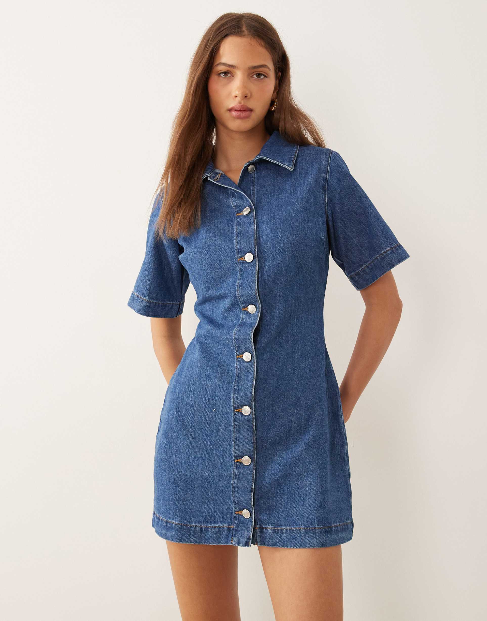 asos design denim mini shirt dress in mid blue