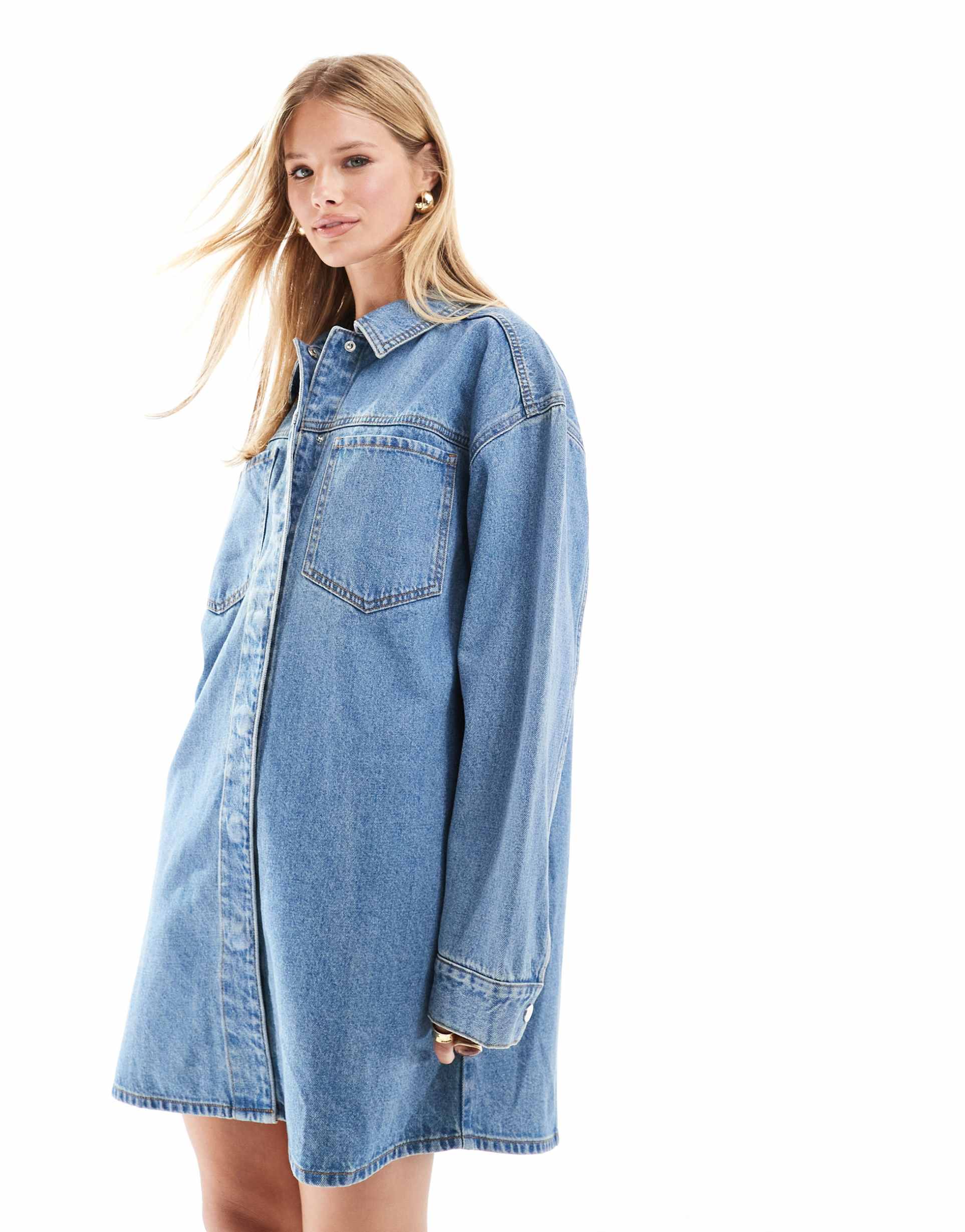 asos design denim mini shirt dress in midwash blue