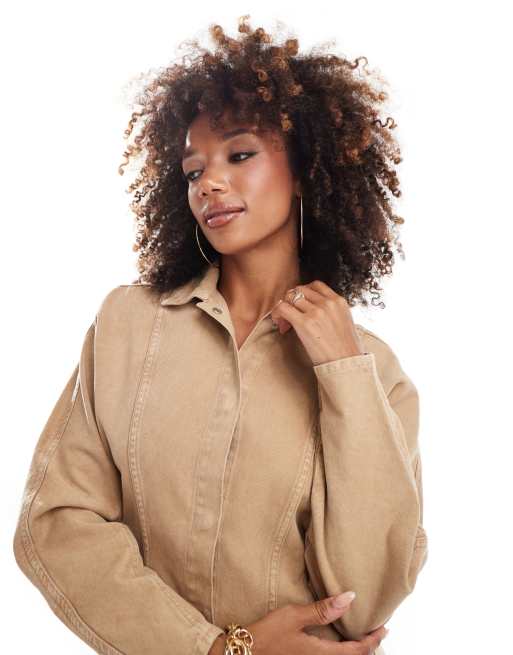 ASOS DESIGN denim mini shirt dress with balloon sleeve in tan, 2 of 4