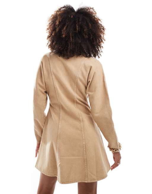 ASOS DESIGN denim mini shirt dress with balloon sleeve in tan, 4 of 4