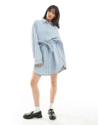 Asos Design Denim Mini Shirt Dress With Belt In Midwash Blue