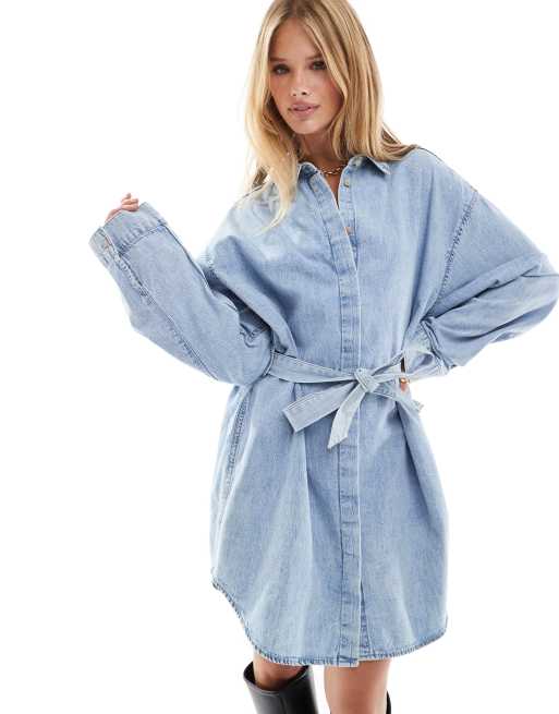 ASOS DESIGN denim mini shirt dress with belt in midwash blue, 4 of 4