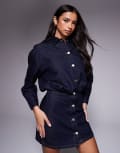 [ASOS DESIGN] ASOS DESIGN denim mini shirt dress with fitted skirt and shoulder pad in rinse wash-Navy 14 Indigo