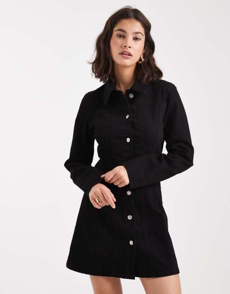 ASOS DESIGN denim mini shirt dress with flare hem in clean black - view 1
