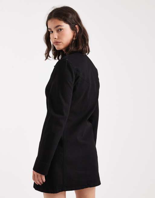 ASOS DESIGN denim mini shirt dress with flare hem in clean black, 3 of 4