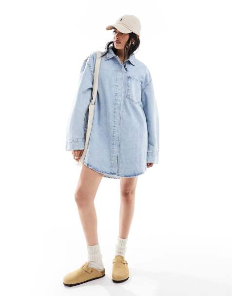 Womens Denim Dress Summer Long Sleeve Casual Loose Tops Mini Shirt Dress  S-2XL 