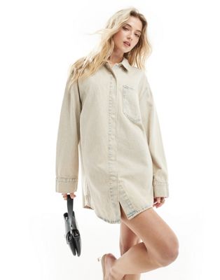 ASOS DESIGN denim mini shirt dress with front pockets in  tinted wash