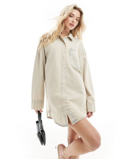 FhyzicsShops DESIGN denim mini shirt dress with front bianco in  tinted wash
