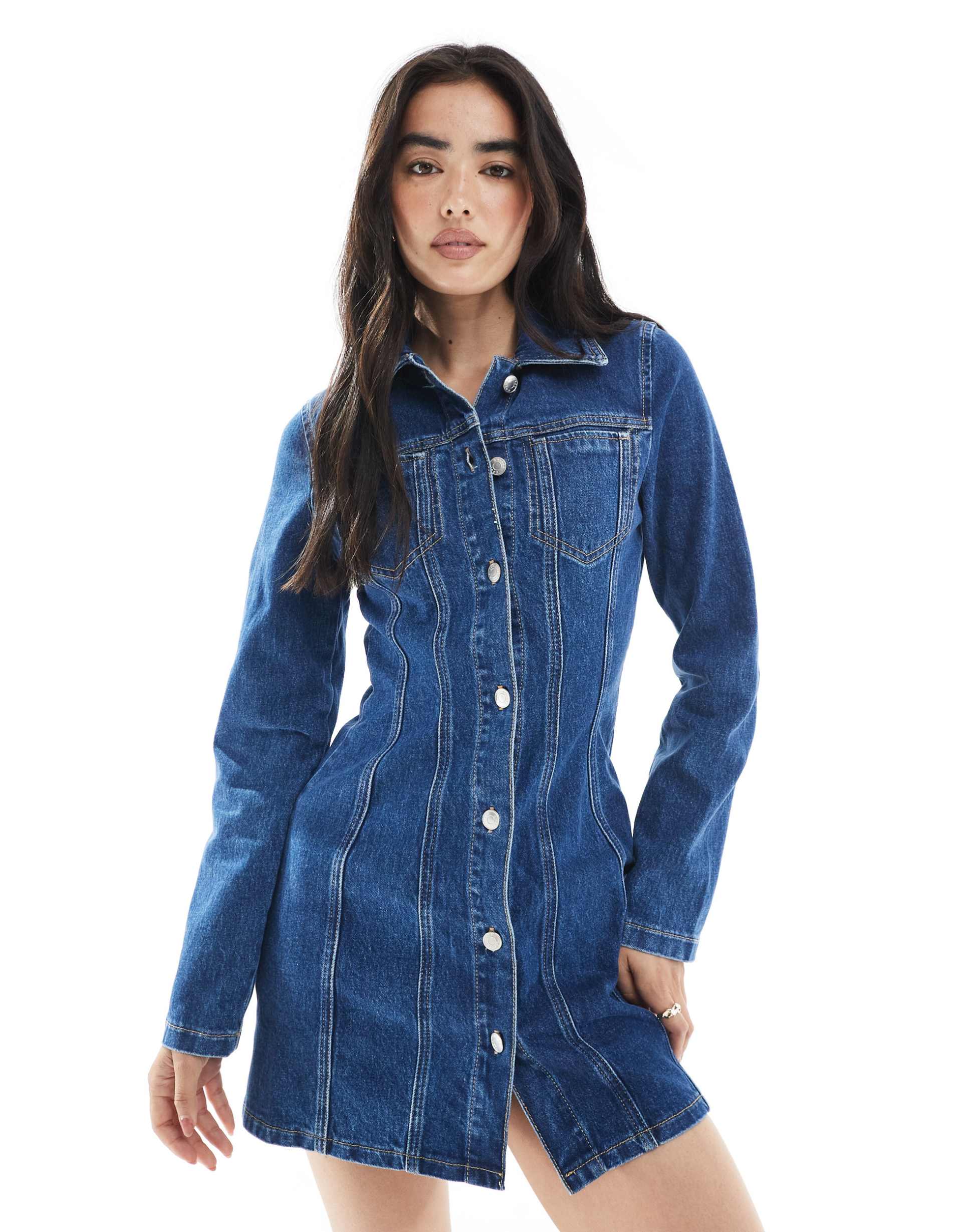 asos design denim mini shirt dress with seam and pocket detailing in mid blue
