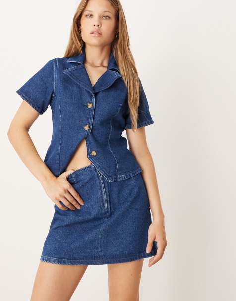 ASOS DESIGN denim mini skirt co-ord in mid blue - view 1