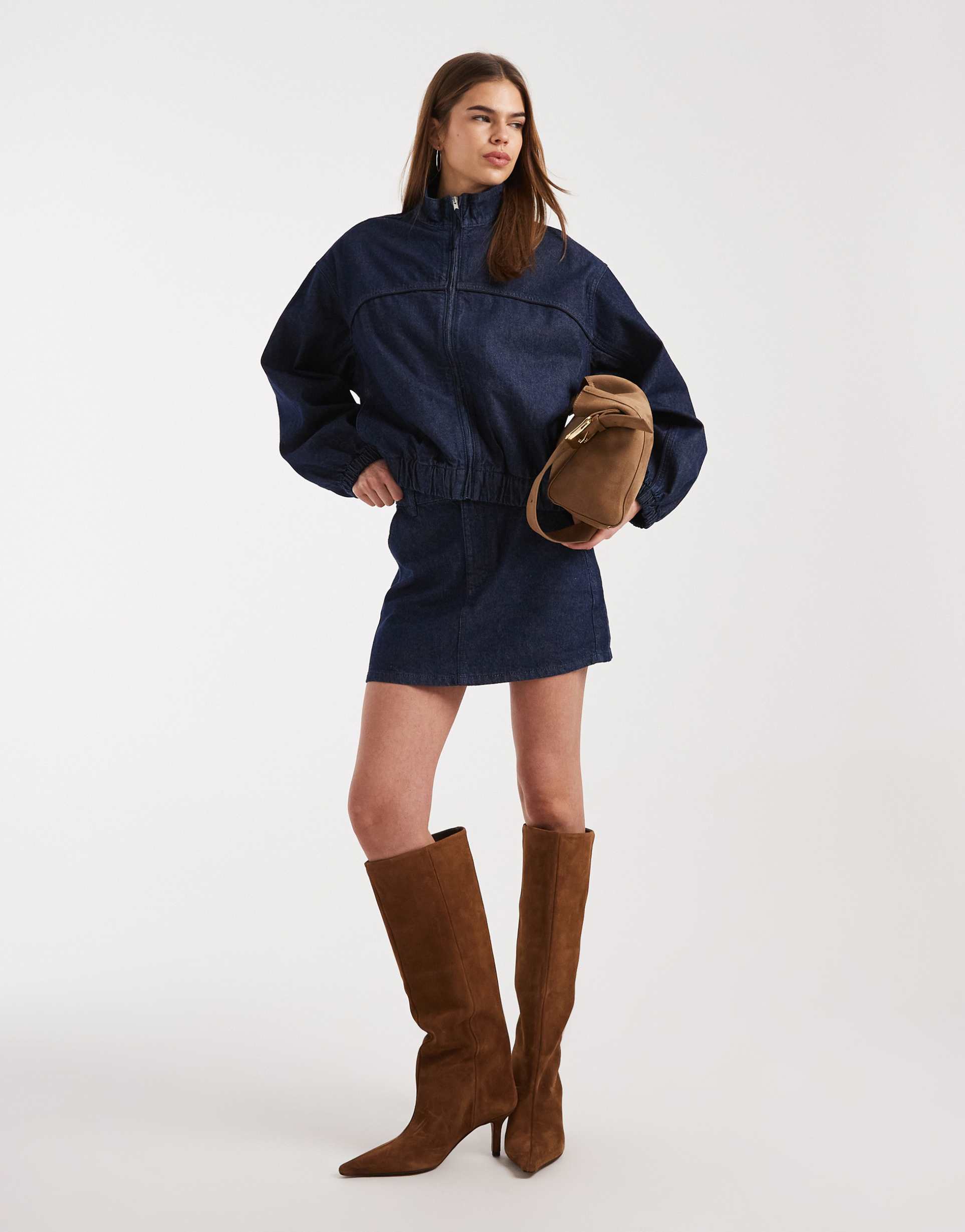 asos design denim mini skirt in rinse - part of a set