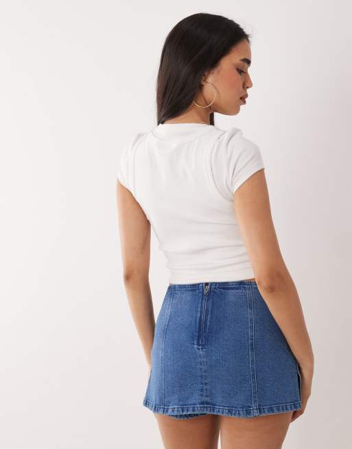 ASOS DESIGN denim mini skirt skort in mid blue, 4 of 5