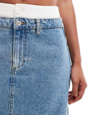 Asos Design Denim Mini Skirt With Boxer Waistband In Blue
