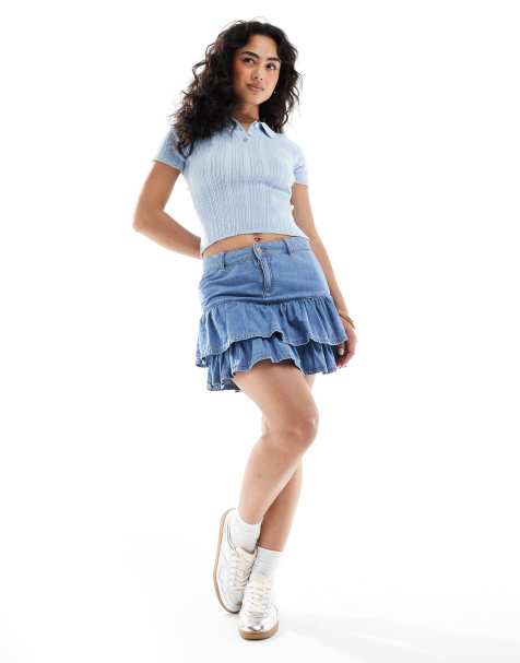 ASOS DESIGN denim mini skirt with ruffle hem in midwash - view 1