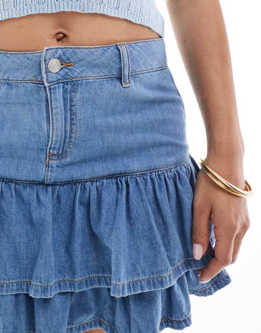 ASOS DESIGN denim mini skirt with ruffle hem in midwash ASOS