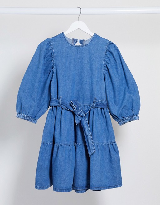 ASOS DESIGN denim mini smock dress with self belt in mid wash blue