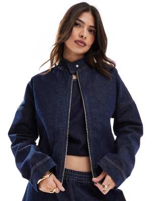 denim moto collar jacket in indigo-Blue