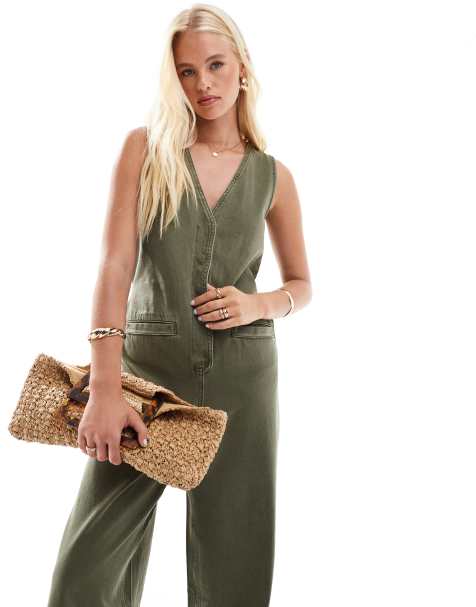ASOS DESIGN - Denim mouwloze losse jumpsuit in kaki wassing - view 1