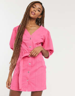 ASOS DESIGN denim multi stitch belted dress in bright pink