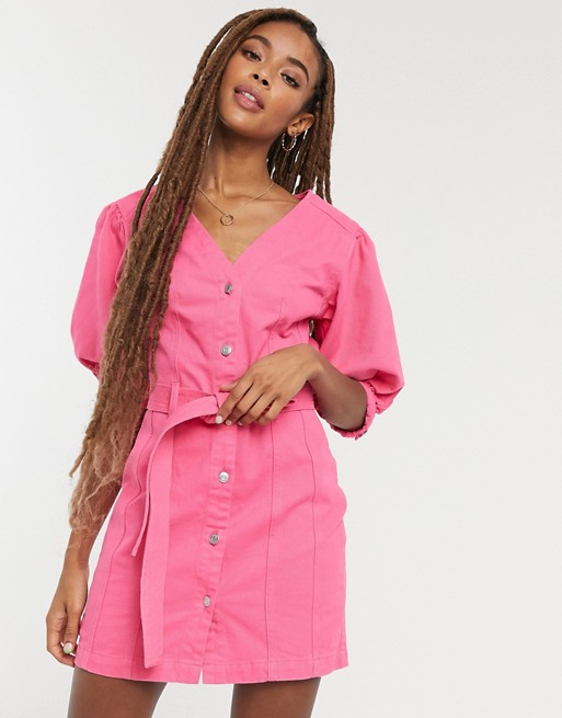 ASOS DESIGN denim multi stitch belted dress in bright pink
