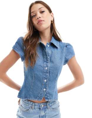 denim neat fit shirt in mid blue