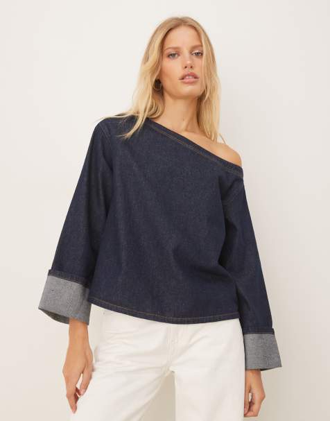ASOS DESIGN denim off shoulder top with turn up cuff in rinse wash - view 1
