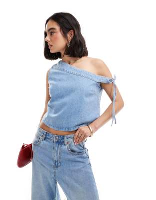 Asos Design Denim Off The Shoulder Top In Mid Blue