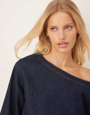 Asos Design Denim Off The Shoulder Top With Rolled Cuffs In Blue