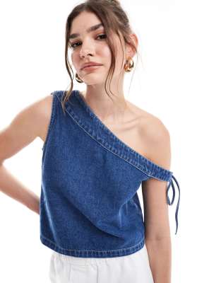 denim one shoulder top in mid blue