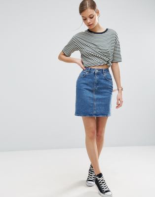 high waisted blue denim skirt