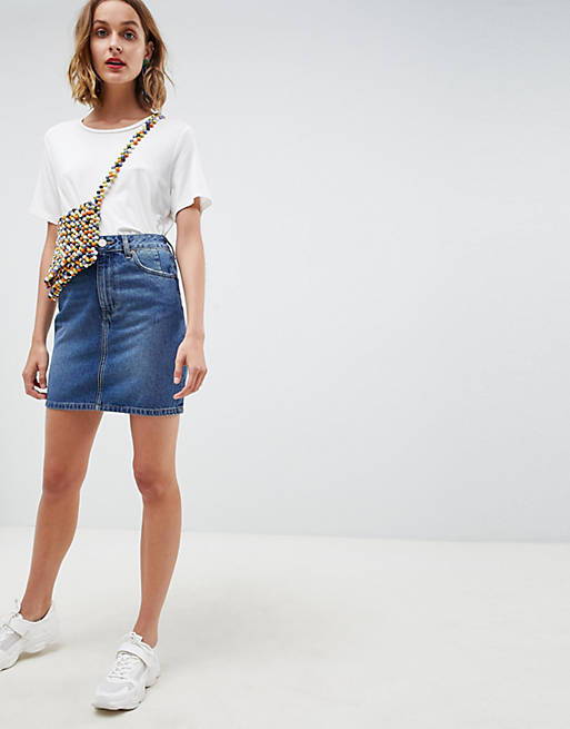 ASOS DESIGN denim original high waisted skirt in midwash blue | ASOS
