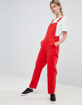 red denim overalls