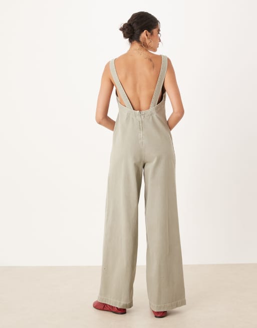 ASOS DESIGN denim overall jumpsuit with cross back in khaki