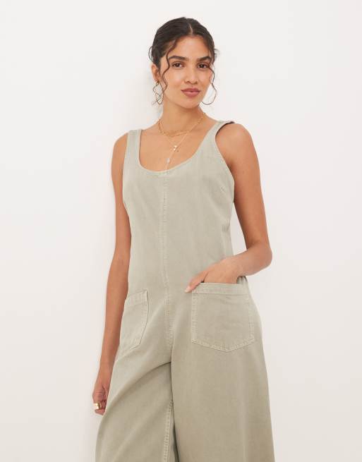ASOS DESIGN denim overall jumpsuit with cross back in khaki