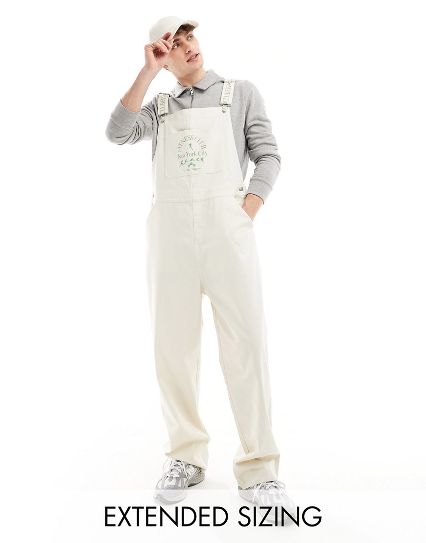 denim overalls with badge embroidery in ecru-Neutral