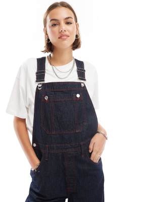 denim overalls with contrast stitch in indigo-Blue