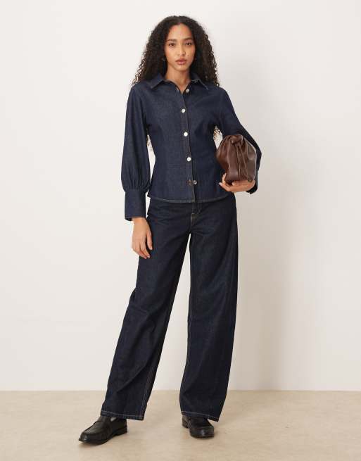 ASOS DESIGN - Denim overhemd met kraagje en pofmouwen in indigo, 2 van 4