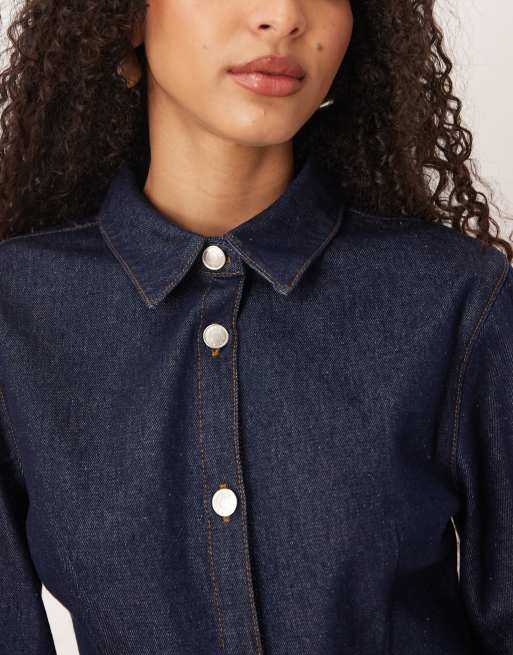 ASOS DESIGN - Denim overhemd met kraagje en pofmouwen in indigo, 3 van 4