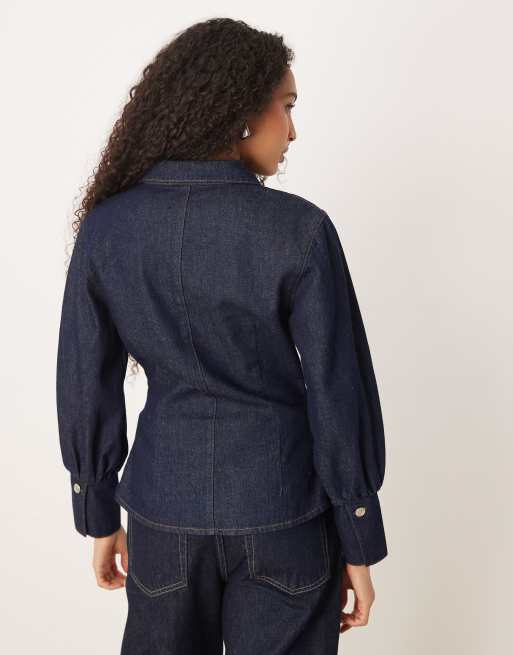 ASOS DESIGN - Denim overhemd met kraagje en pofmouwen in indigo, 4 van 4