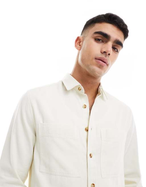 ASOS DESIGN - Denim overhemd met overdye en borstzakken in ecru