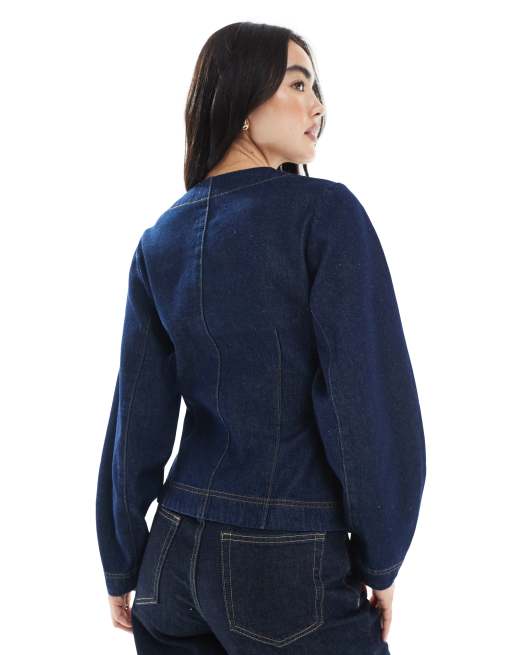 ASOS DESIGN - Denim overhemd zonder kraag met ingenomen taille en coconmouwen in indigo, 4 van 4